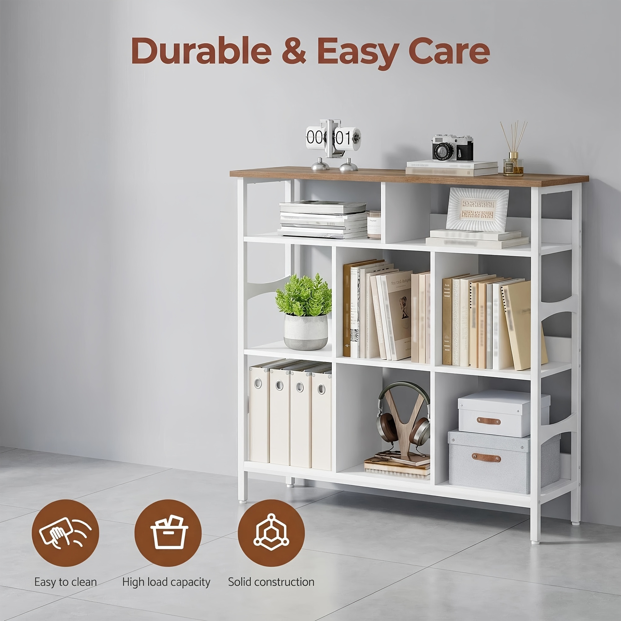 This 8-shelf Open Bookshelf Features Rails And A Wooden Back Panel To Prevent Items From Falling. Perfect For The Living Room, Office, Or Entryway. Dimensions: 106.3 X 33.3 X 100.8 Cm. Design