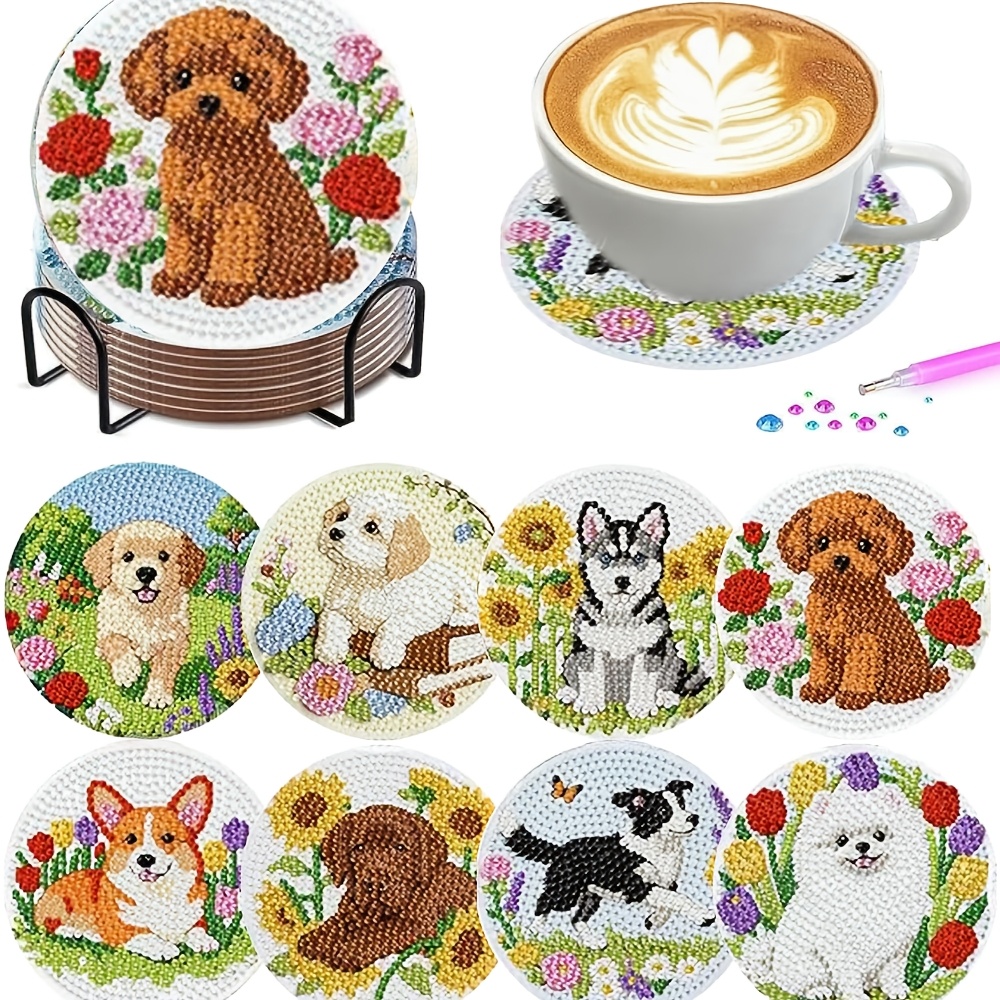 TEMU 8pcs/Set de 8 sous-verres de peinture d'art diamant avec support, série de sous-verres d'art diamant à motif animalier, convient aux adultes et