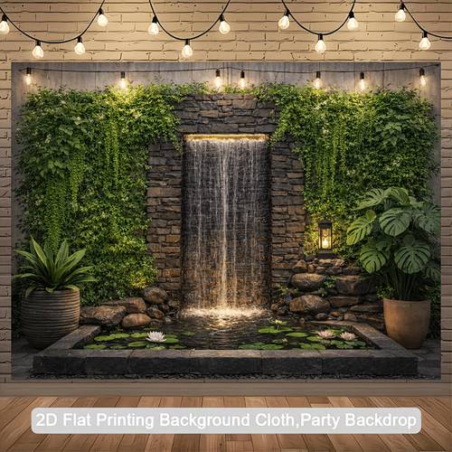 natural themed waterfall wall panel with hanging greenery pond stone waterfall backdrop suitable for home wedding decoration lightweight lanterns for indoor outdoor use free photo background for gifts 2d flat