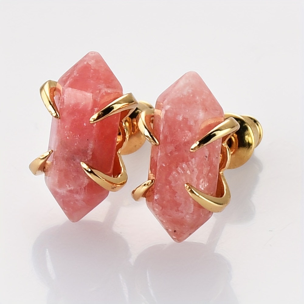 Natural Stone Hexagonal Prong-Set Stud Earrings