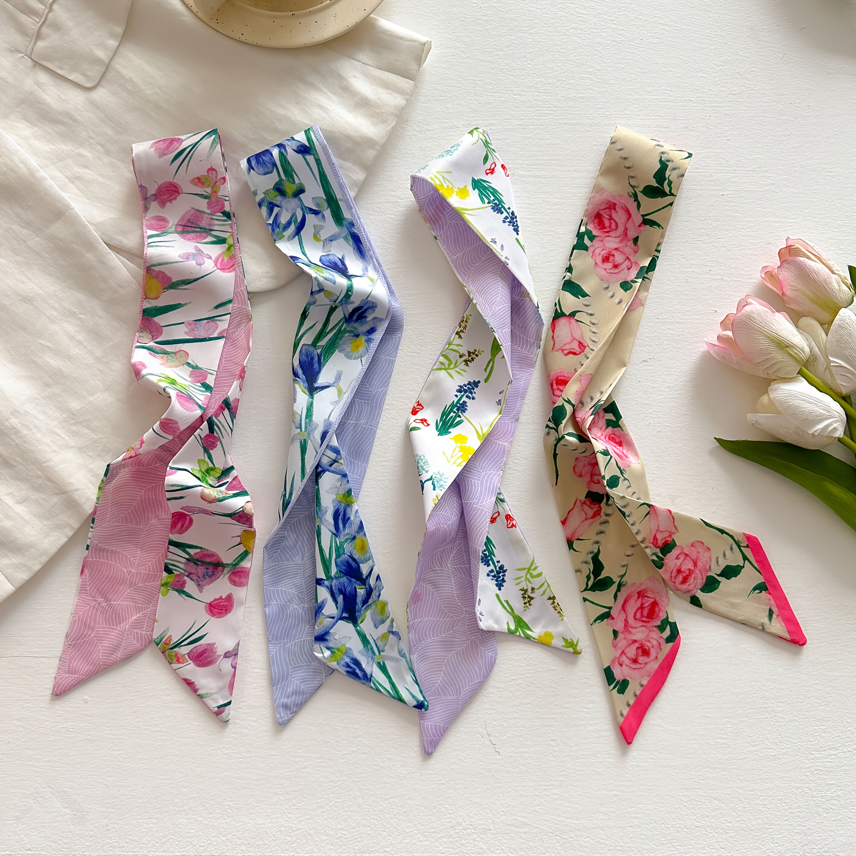 TEMU 4 Pack Pink Floral Fashion Scarves - Lightweight Polyester Hair Scarf, Purse Scarf & Headband, Ideal For Daily Outfits, Beach Vacation, Office &