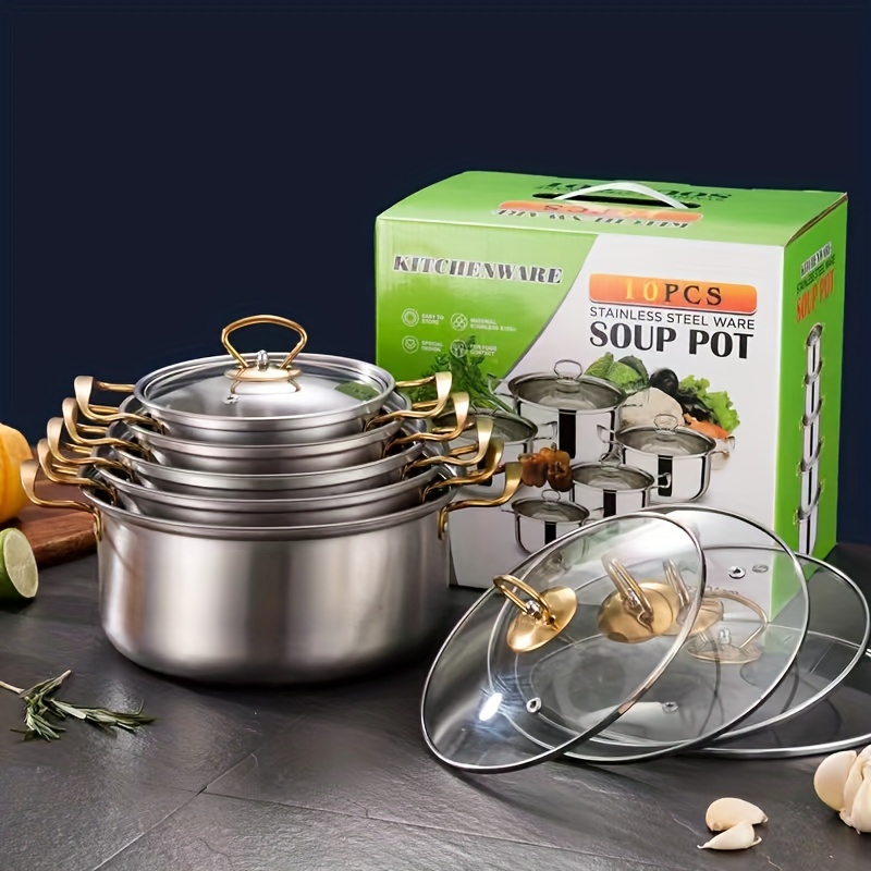   stainless steel cookware set with glass lid golden double handle pots for home dorm camping soup stew cooking kitchenware set dishwasher safe compatible with all stovetops details 4