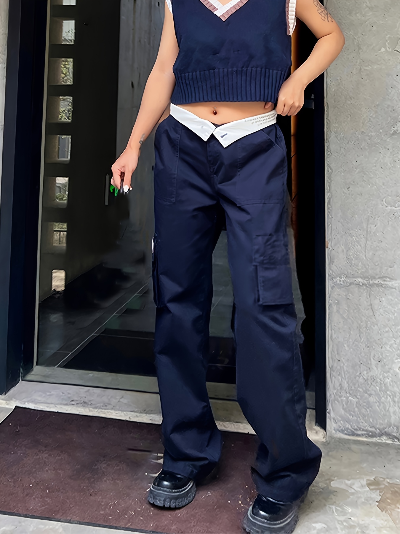 women's high waisted straight leg cargo pants navy light Temu