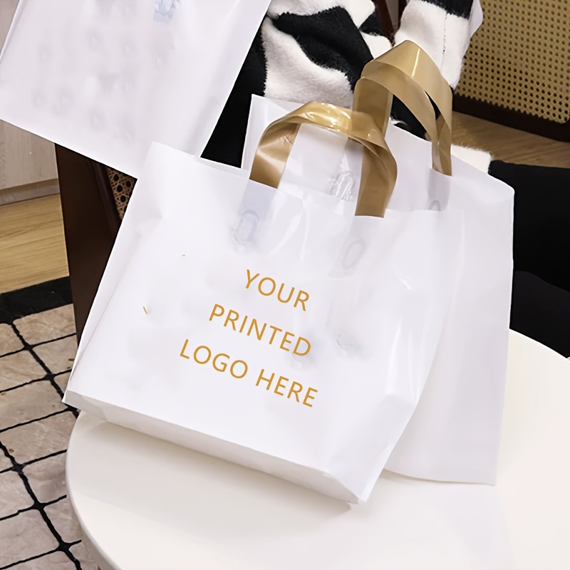 TEMU Custom 100pcs Plastic White Bags With Golden Handles, Single-sided Printed Golden Font Pattern, Reusable, Handbag, Clothing Bag, Shopping Bag,