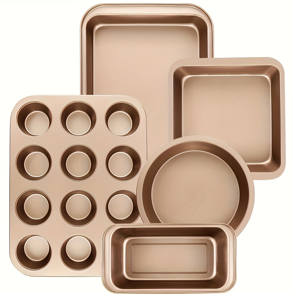 TEMU Pan Set, 5pcs Kitchen Oven Pan Set, Pan Set With Round/square Cake Pan, Muffin Pan Kitchen , Black/gold