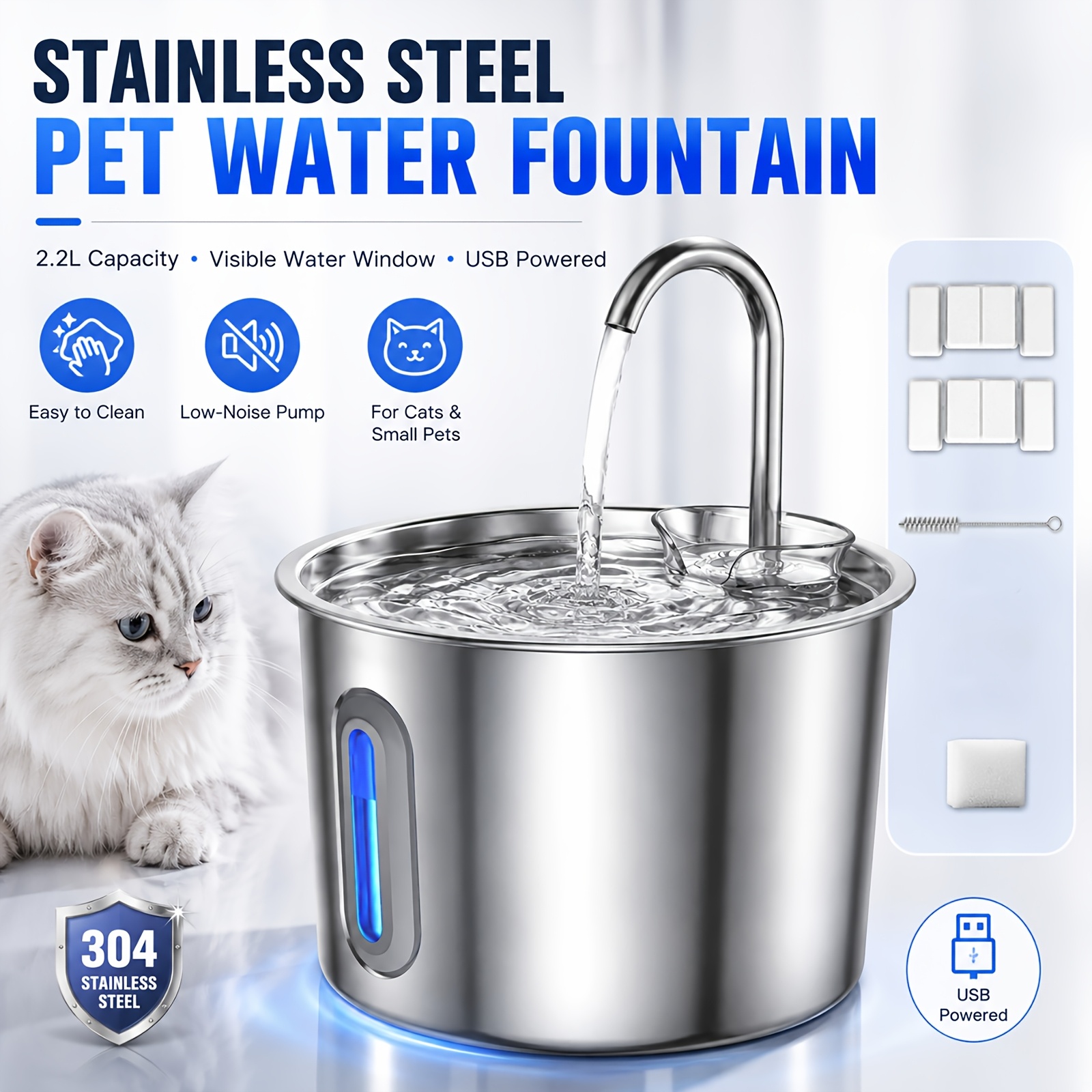 TEMU Bebedero Automático para Gatos de Acero Inoxidable de 2.2L, Dispensador de Agua para Mascotas con Bomba Silenciosa y Ventana , 2 Filtros para