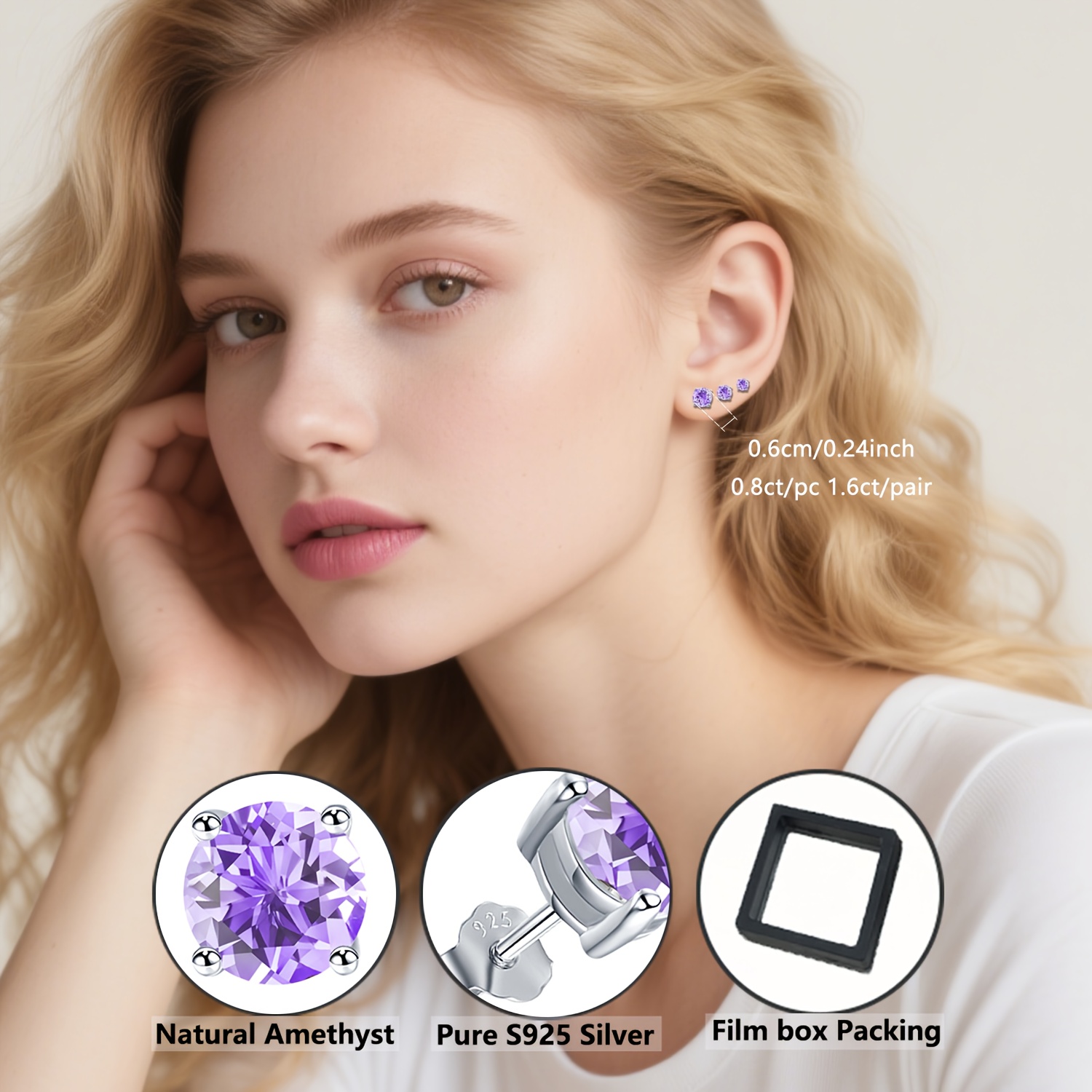TEMU Boucles d'oreilles en argent avec améthyste naturelle , violettes de coupe ronde de 0,4/0,6/0,8 carats – Design intemporel unisexe pour de de