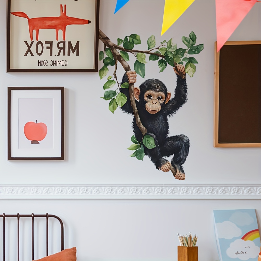 Animal Monkey Branch Green Leaves Waterproof Removable Stickers For Bedroom Living Room Bathroom Decor, Home Decoration Decals Self-adhesive 2d Graphics, Not 3d Graphics, 40*60cm/15.7*23.6inch