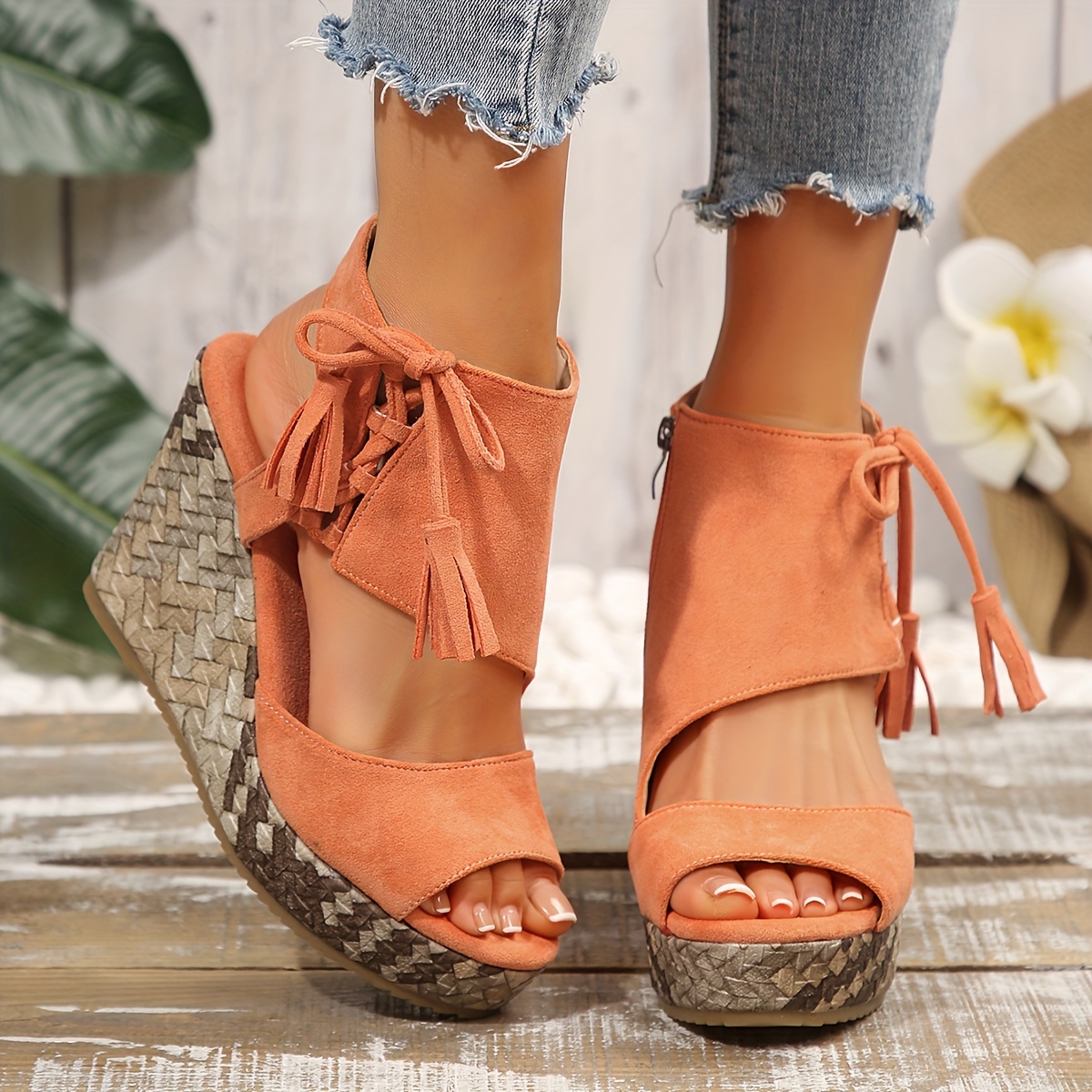 women's toe wedge sandals tassel detail casual summer Temu Mauritius