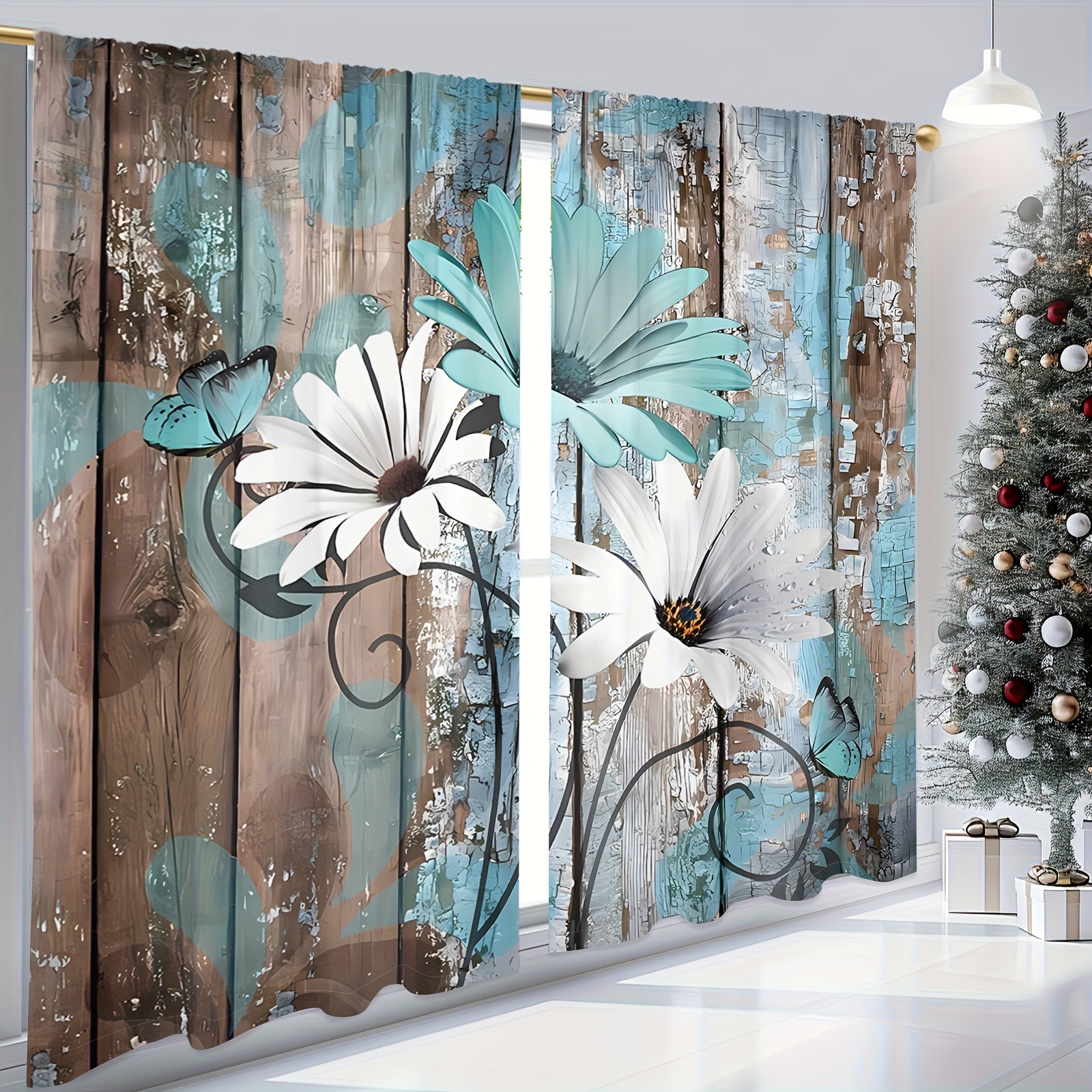 TEMU 2pcs Rustic Wooden Floral Curtains, , Polyester, Machine Washable, Artistic Daisy Design, Living Room & Bedroom Decor, Rod Pocket, No Battery Required