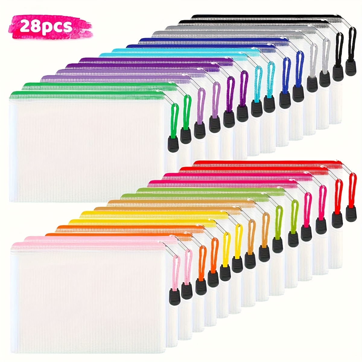 Image of 28-pack A6 Mesh Zipper Pouch Organizers - Multicolor Storage Bags For School Supplies, Cosmetics & Travel Essentials | Lightweight For Halloween Party Favors Headphones, Additions Random Color