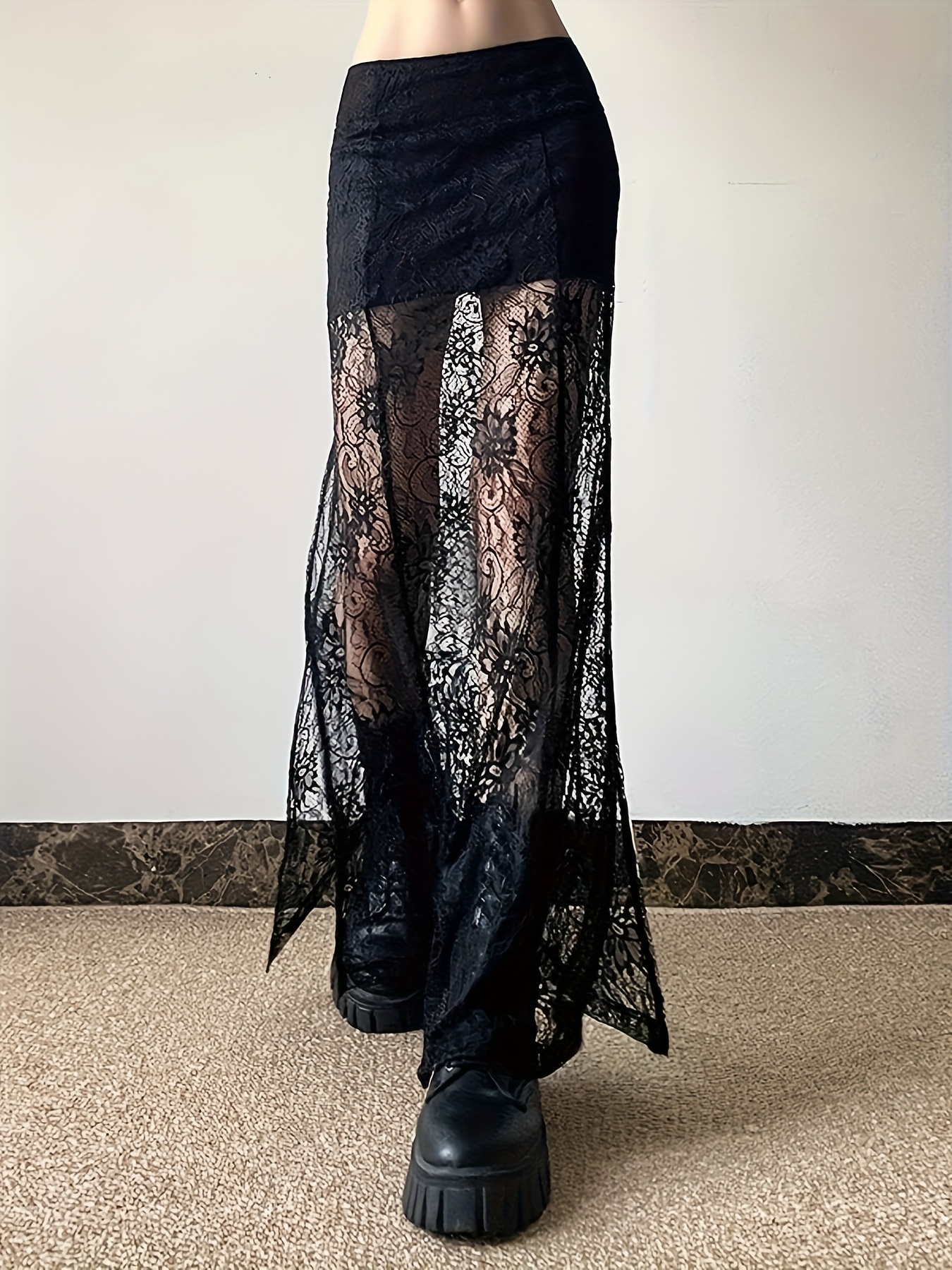 Jupe Longue à Taille Haute en Dentelle Noire pour Femmes Jupe Midi  Amincissante Respirante d'Été avec Détails de Dentelle Contrastée,  Élasticité