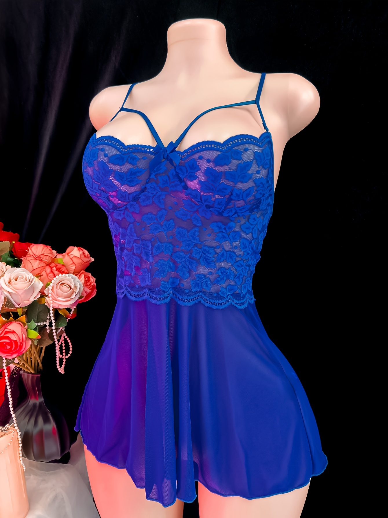 Sexy Lace-trimmed Mesh Back-crossing Lingerie Slip Dress with Thong