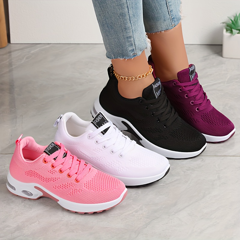 

Women's Low-top Sneakers - Shock-absorbing, Breathable Fabric In Black, Burgundy, & Pink - Lightweight For Outdoor Sports & , , Lace-up, Solid Color, Md Sole