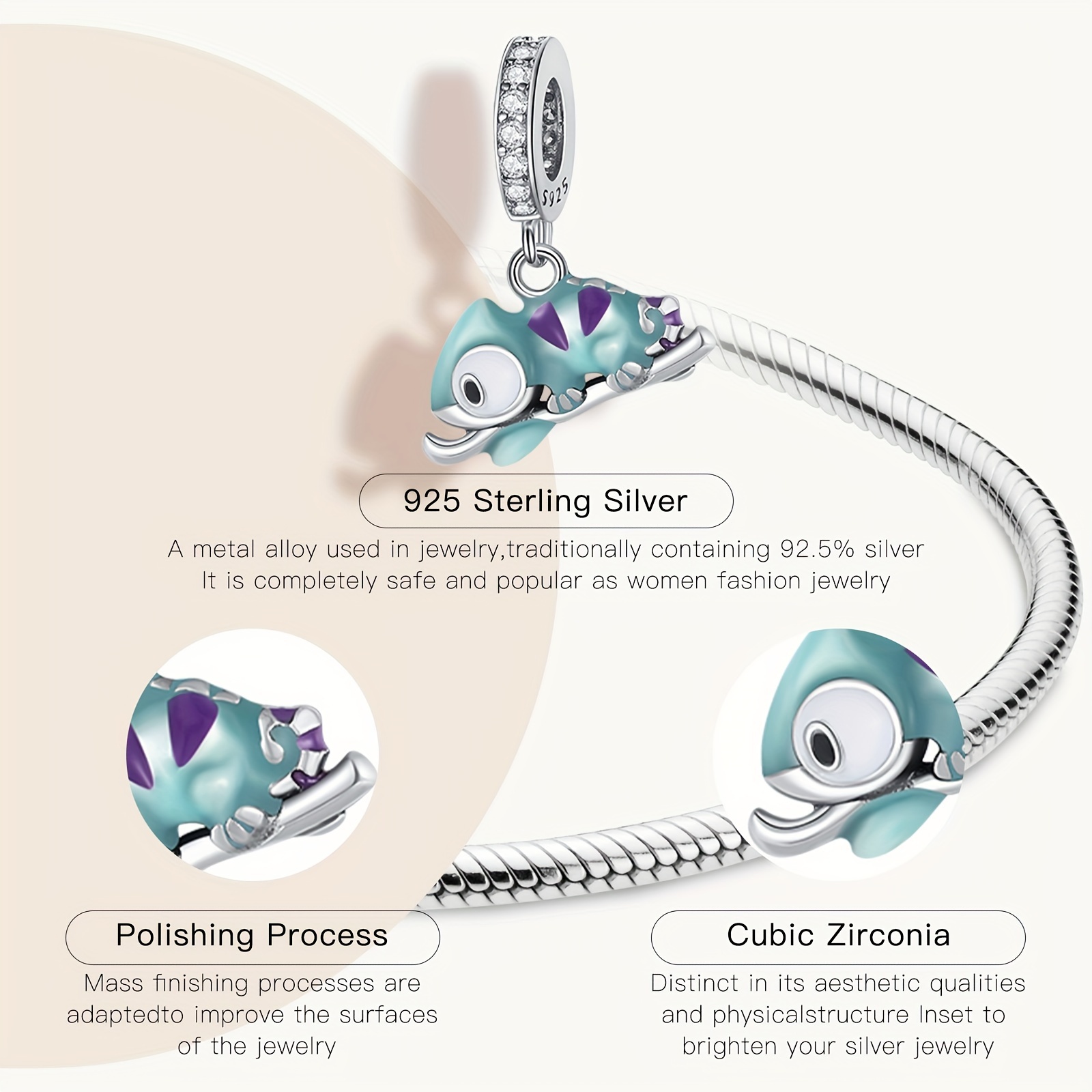 925 Silver Women's Chameleon Dangle Charm for Moment Bracelet & Necklace
