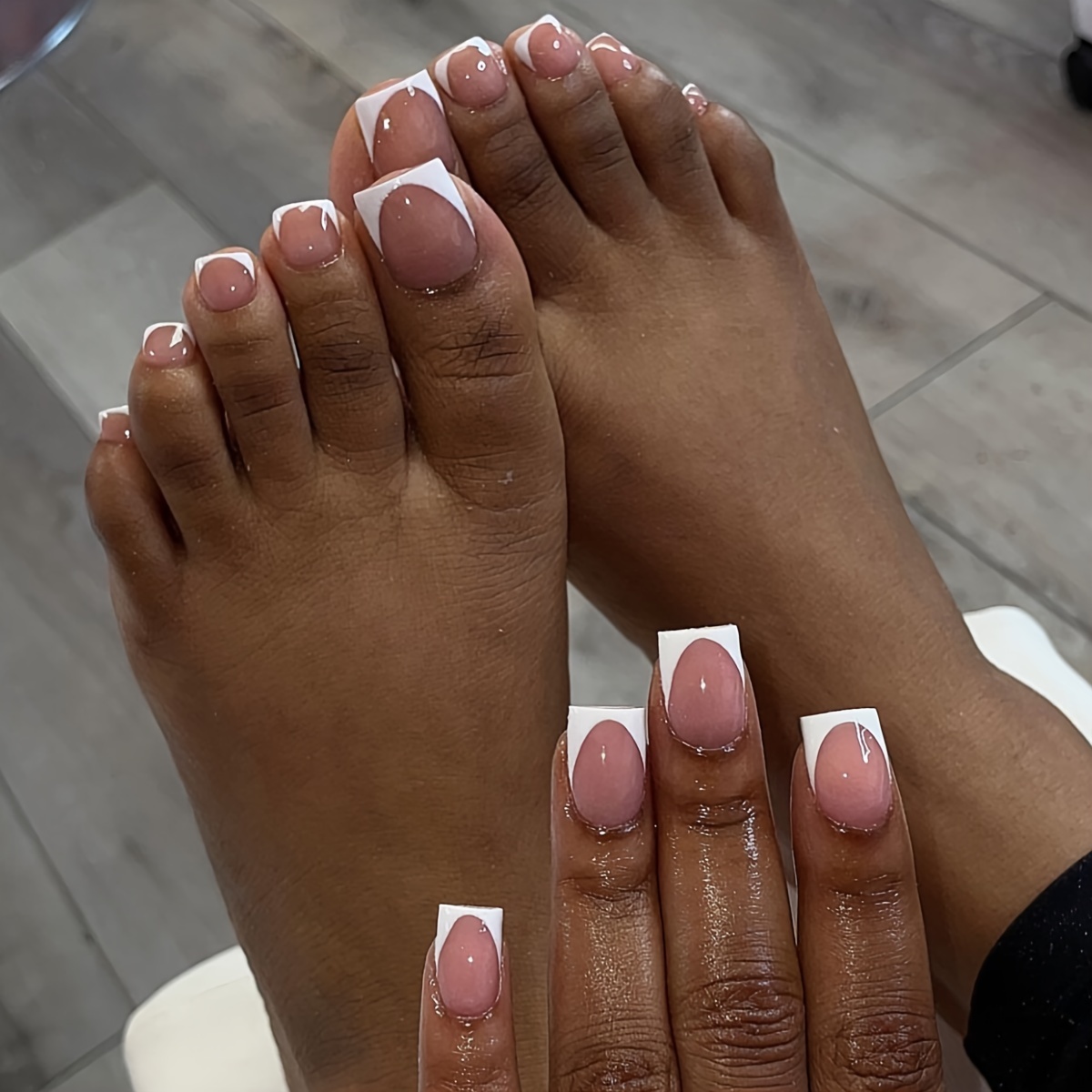 TEMU 48pcs Hand And Foot Set, Elegant White French Square Press-on Nails For Women And S, Casual Attire