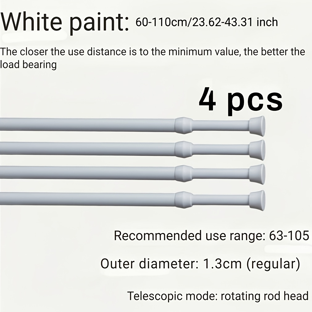 TEMU 4pcs/ 2pcs/ 1pc White Telescopic Tension Rods Only, Adjustable 23.6-43.3 Inches, No-drill Curtain Rod For Shower, Bathroom, Kitchen, Bedroom,