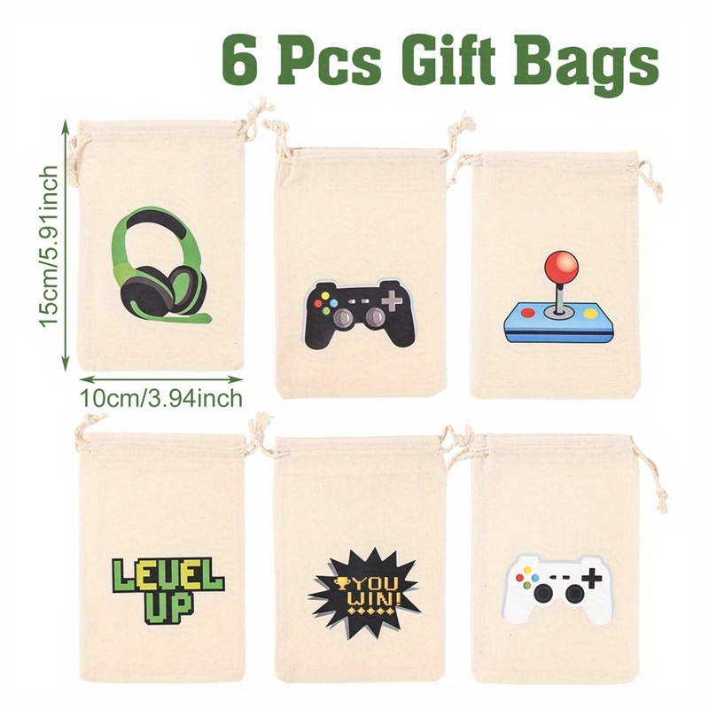 E-shop Geschenk für Sie/Ihn 6-teilig, Geschenktüten mit Kordelzug im Videospiel-Design, Verpackungstasche mit Game Controller Kopfhörer Design,