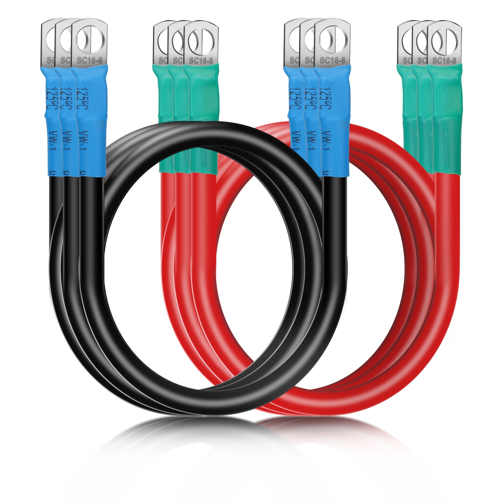 TEMU 6pcs 6awg Battery , 30cm (12") Pure Copper Wire With 5/16" Tin-plated Lugs, Heavy-duty For Car Audio, Inverter, Solar Panel, Truck & Boat Wiring