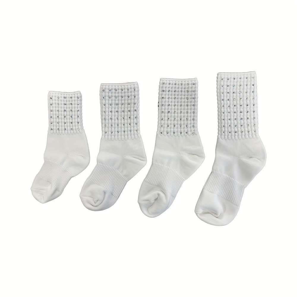 TEMU 1 Pair Women's Soft Breathable Ribbed White Nylon Dance Socks With Ab Rhinestone Accents - Elastic Stay-up Poodle Design For Irish Dance, Spring