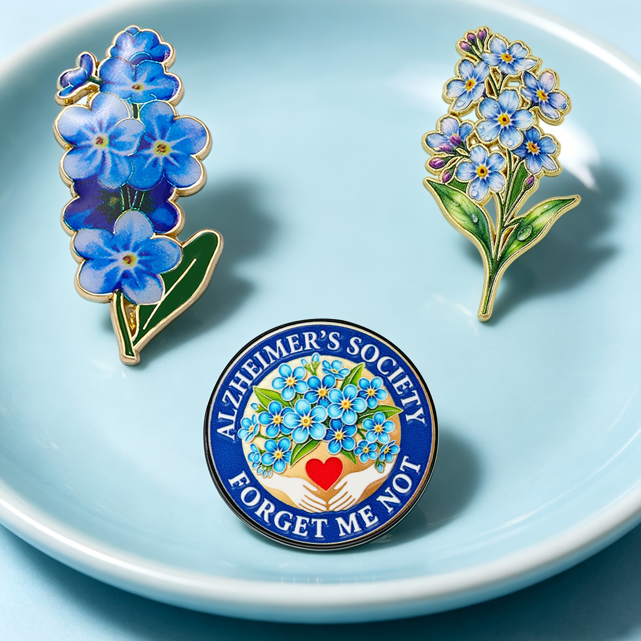 TEMU 3pcs Solevdo Enamel Badge Set, Exquisite -me-not Blue Flowers And 's Disease "-me-not" Charity Badge Design, Elegant Retro Floral Charity Style,