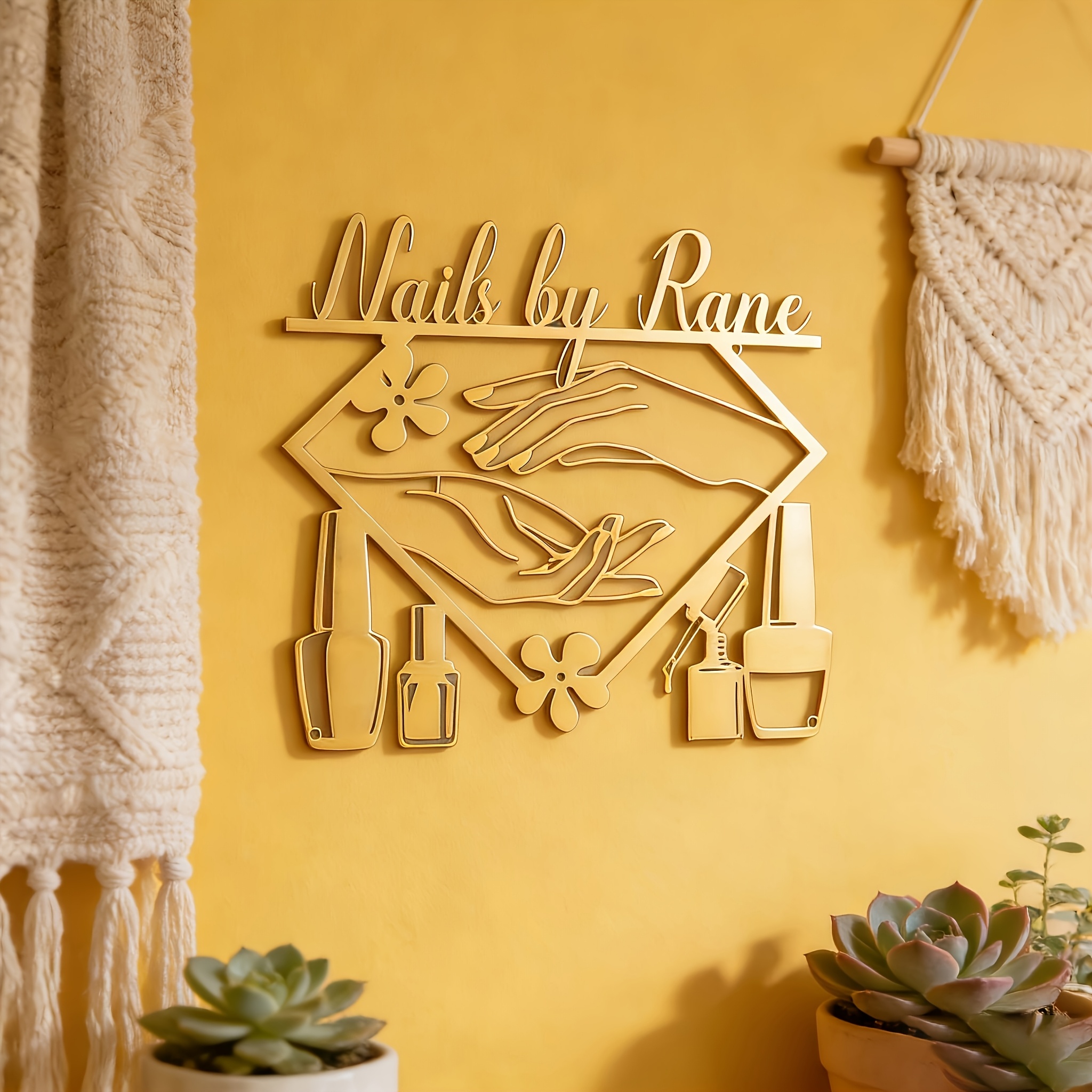 TEMU 1pc Customizable Nail Salon Golden Metal Sign With Nail Art Illustration, Suitable For Nail Rooms Or Salons, Unique Gift For Nail Technicians,