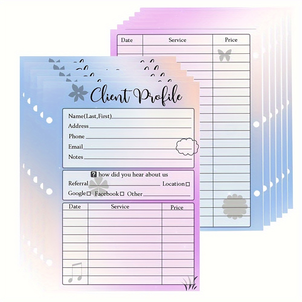 

20pcs Professional Client Profile Cards, 5.5x8.5 Inch, English Text - Stylist Binder Insert Cards With Space For Contact , Address, Date & Notes - Ideal For Nail Salons, Hair , Spas