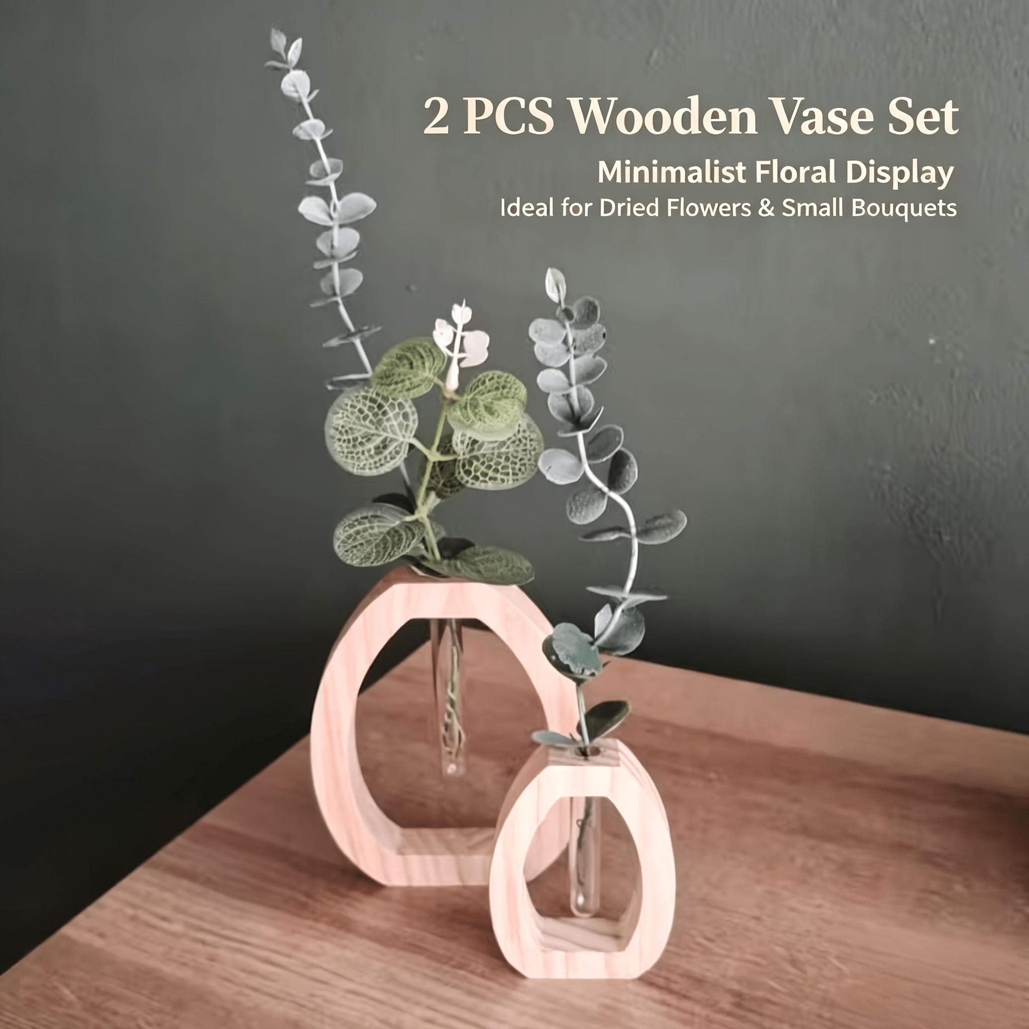 Image of 2pcs Floating Hollow Oval Wood Test Tube Vase Set, Hydroponic Propagation Station, Lightweight Desktop Plant Decor Ornament For Home Office Table Display