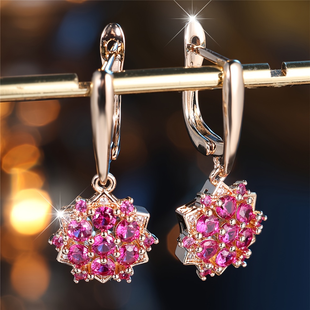 TEMU Pair Of Angol Sunflower Dangle Earrings For Women - Pink & Clear Synthetic Stones, Golden-tone Metal, Wedding & Party Jewelry, Elegant Gift