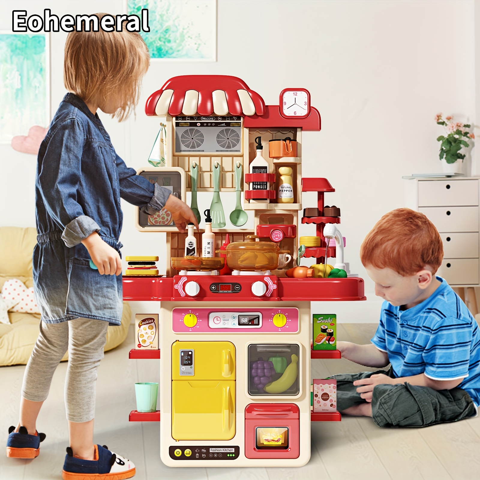 Kitchen game toy set simulation cooking table puzzle pretend cooking kitchenware mini kitchen with light and sound simulation of spray and sink birthday gifts for Halloween Gift