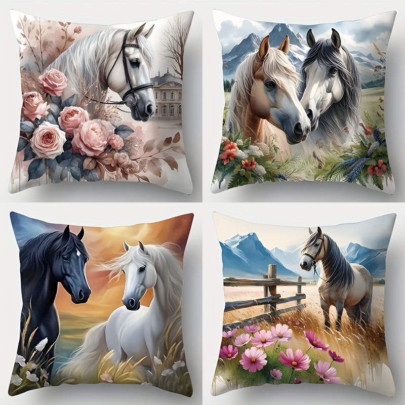 Image of 4pcs Floral And Horse Pillowcase Set, Suitable For Home Decor, Farmhouse Decor, Bedroom, Living Room, And Sofa Decoration, Single-sided Print, No Pillow Insert Included