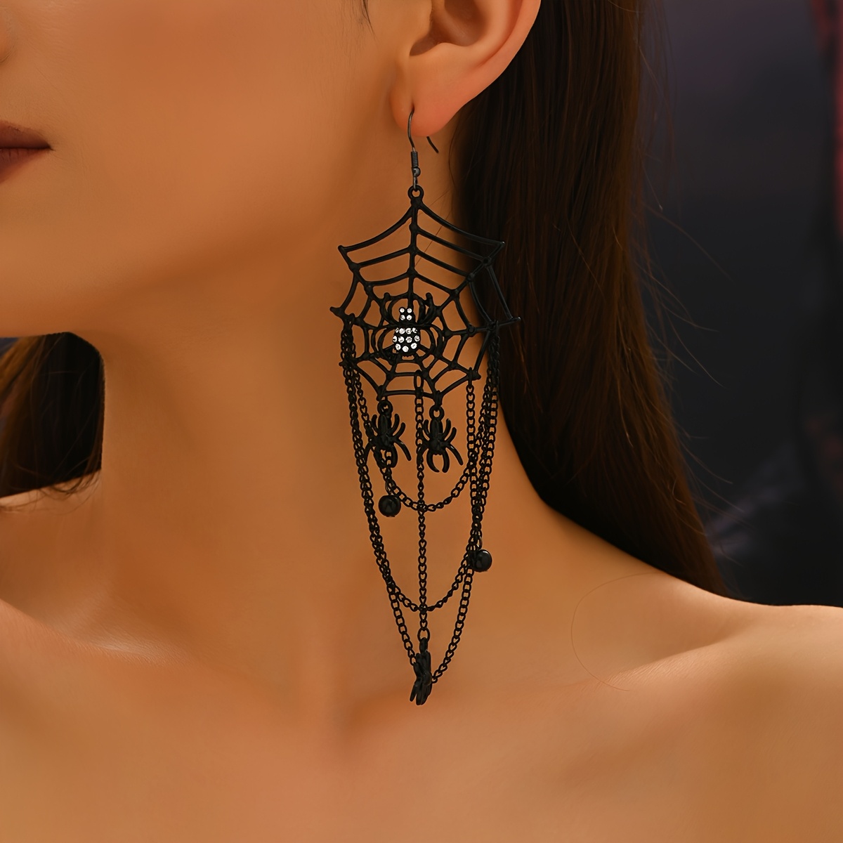 Image of 1 Pair Of Dark Gothic Style Halloween Three-dimensional Spiderweb Embellished Rhinestone Small Spider Drop Chain Earrings With Multiple Small Spider Pendants, Holiday Daily Party Wear Accessories