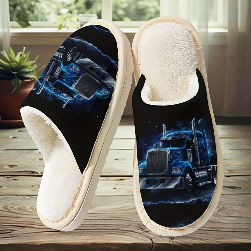 TEMU Heavy-duty Truck Print Plush Slippers, Mechanical Style Artistic Pattern House Shoes, Printed Design, Comfortable And Warm, A And Home Item For