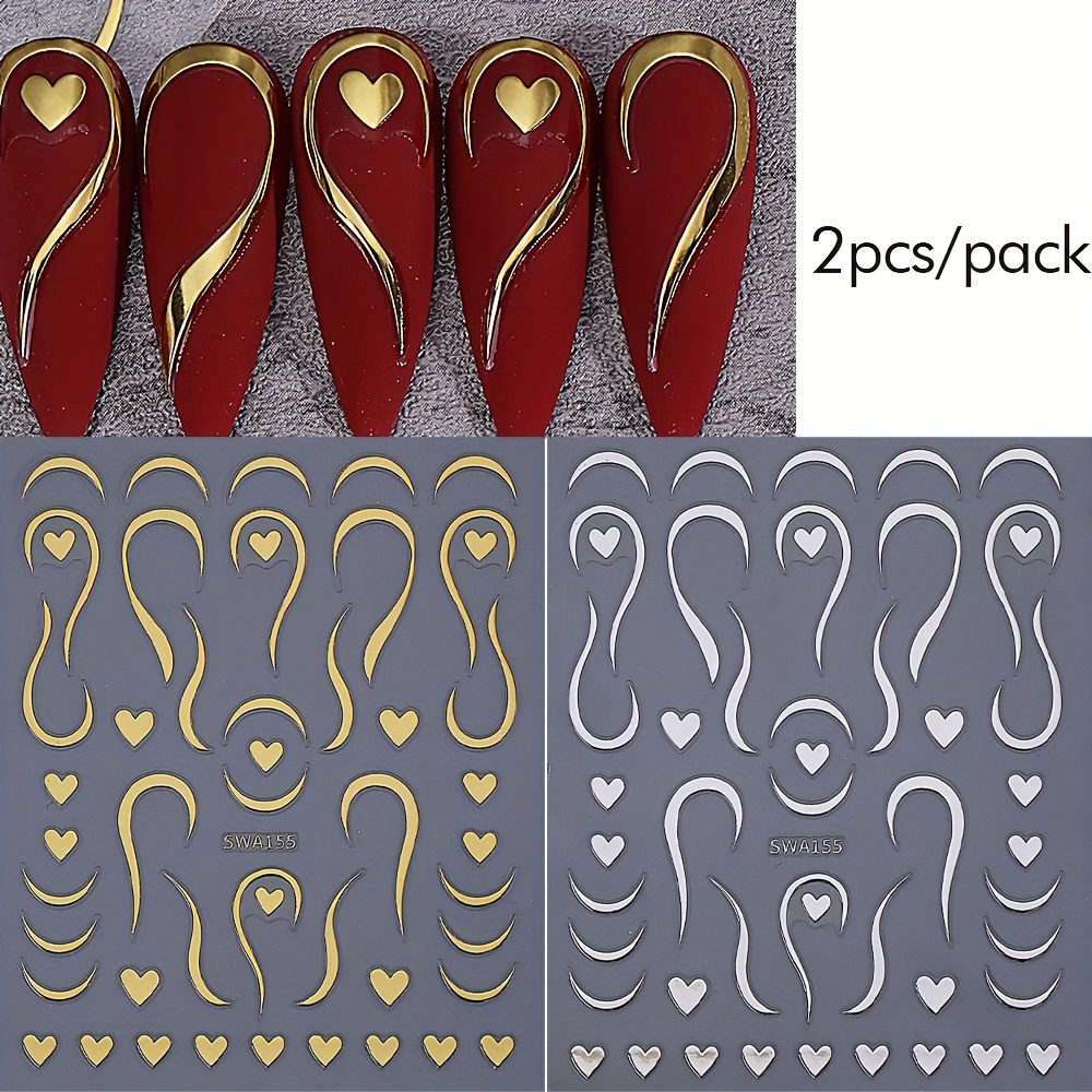 2pcs Golden Silvery Nail Art Stickers 3d Valentine's Day Heart Curve Line Ribbon French Nail Decals Diy Nail Decorations Nail Accessories Supplies