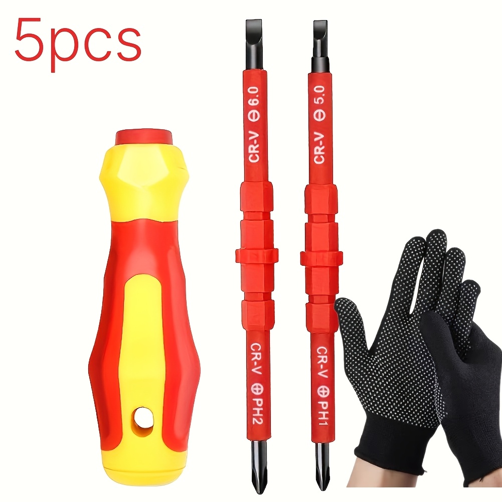 TEMU 5pcs 3-in-1 Screwdriver & Tool Gloves With Slotted/phillips Bits - Foldable Portable Tool Set, Ergonomic Anti-slip Handle & Suitable For Repair,