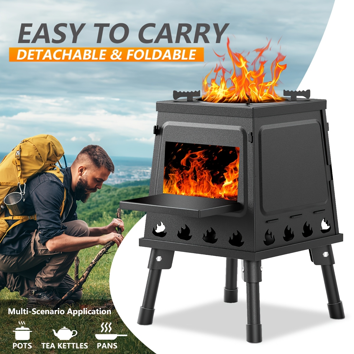 TEMU Wood Burning Camp Stove Portable Cast Stove For Outdoor Hiking Picnic Bbq Travel Black