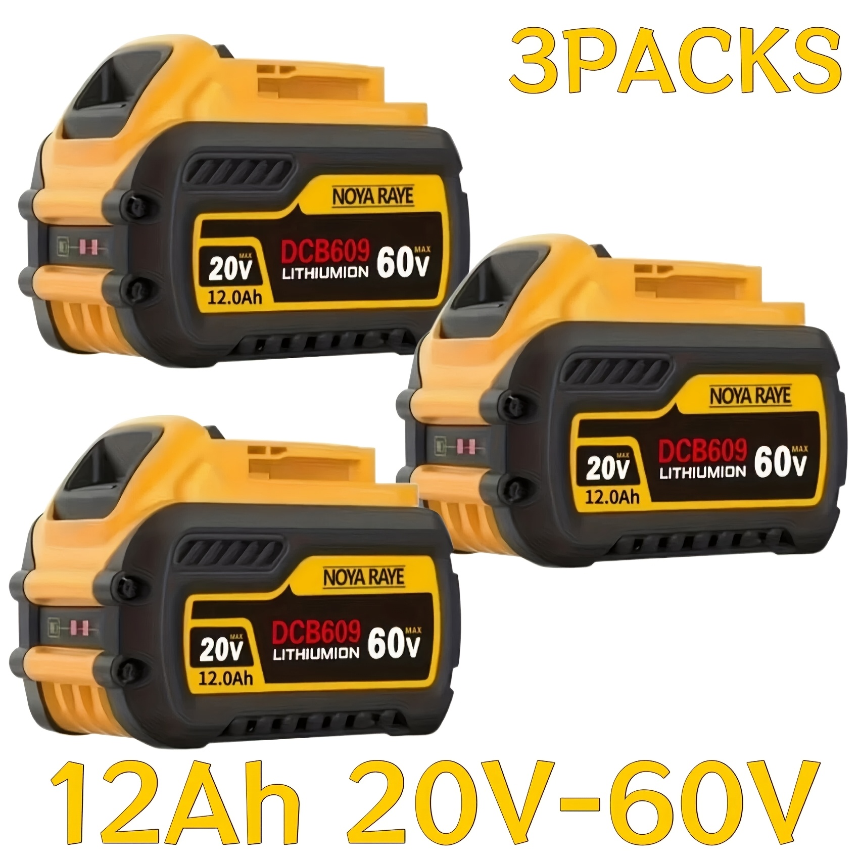 TEMU 1-3packs 12.0ah High Capacity 20v/60v Lithium-ion Replacement Compatible With Dw 20v/60v Fle-volt Battery Dcb606, Dcb609, Dcb612 Cordless Power