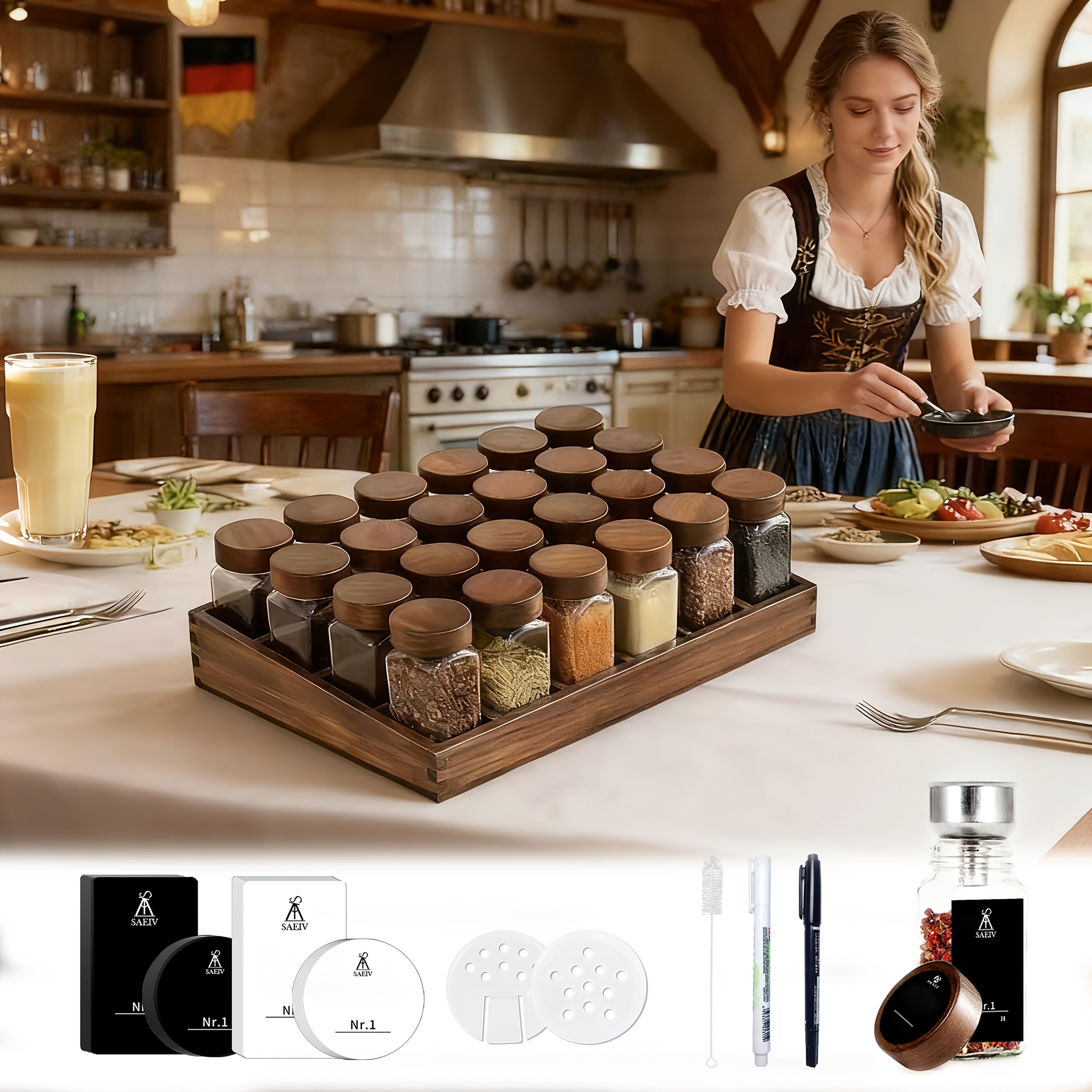 Image of 12/24 Glass Spice Jars With Wooden Lids | Saeiv Spice Storage Rack With Trays, Includes Labels, Polished Metal End, Novelty Theme, Borosilicate Glass Material