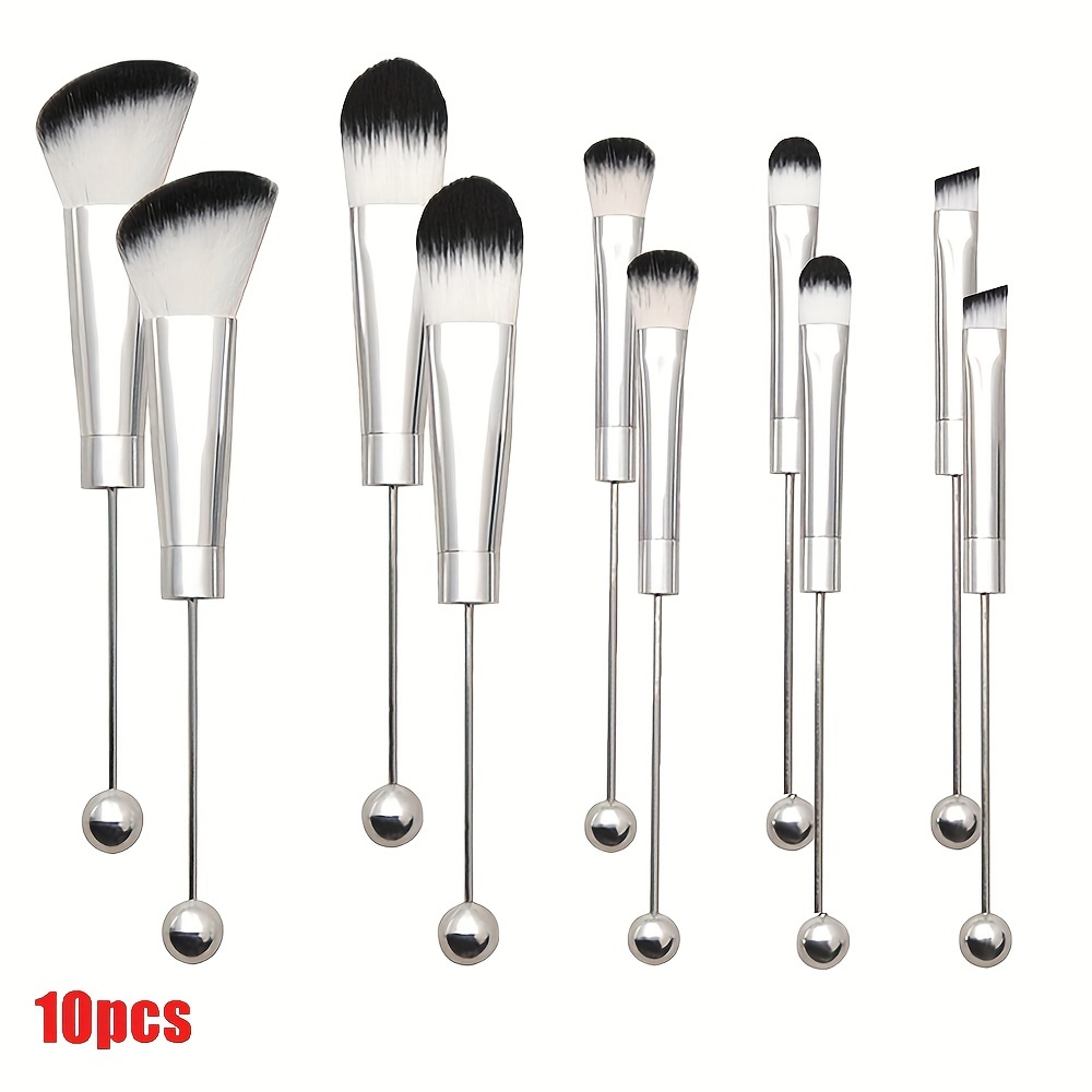 TEMU 10pcs Beadable Makeup Brushes Diy Makeup Comestic Brushes Beaded Brushes Kit For Diy Beaded Eyeshadow Brush, Silvery