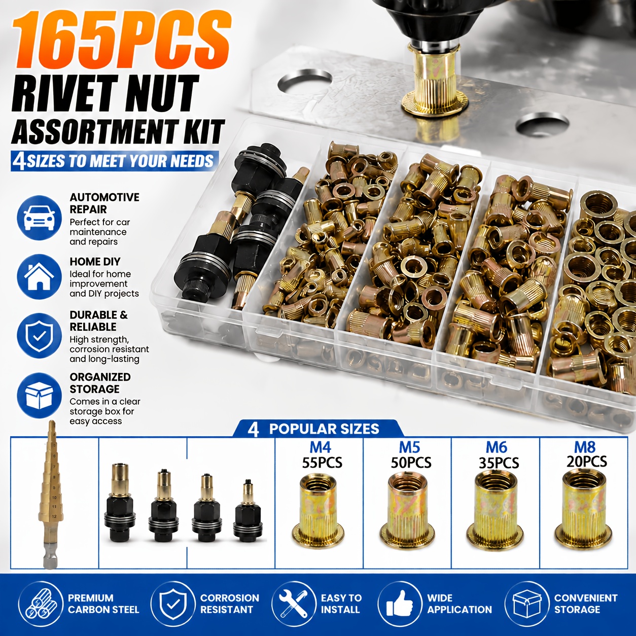 item picture 165pcs rivet nut tool set m4 m5 m6 m8 rivet head adapter with matching rivet nuts and 1 step drill bit installation tool kit electric drill compatible nut kit automotive repair and household diy fastener toolbox
