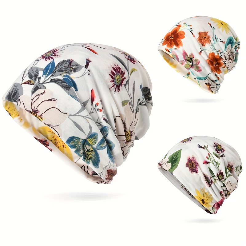 

3pcs Women' Floral Print Beanie Hats - Lightweight, & Dust-proof, Cycling & Chemo Patients, Hand Washable Polyester, Fit