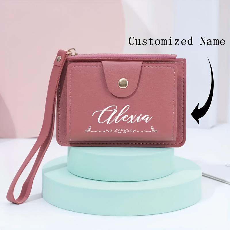 

Custom Name Women's Short Wallet With Wrist Strap - Personalized Compact Card Holder, Pink, Engraved Gift For Christmas & Birthdays, Personalized | Academic Style Wallet | Wallet