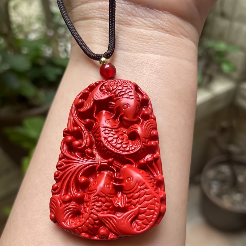 1pc Red Cinnabar Pendant Necklace, Fortune Fish Pendant Necklace For Men