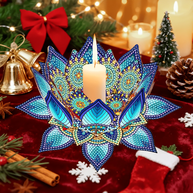 E-shop Diamant Painting Kerzenständer Set, Lotusförmiger Kerzenständer, Pfau Blau Mandala Blume Lotus Kerzenständer Thema, Acryl Material Handmontage