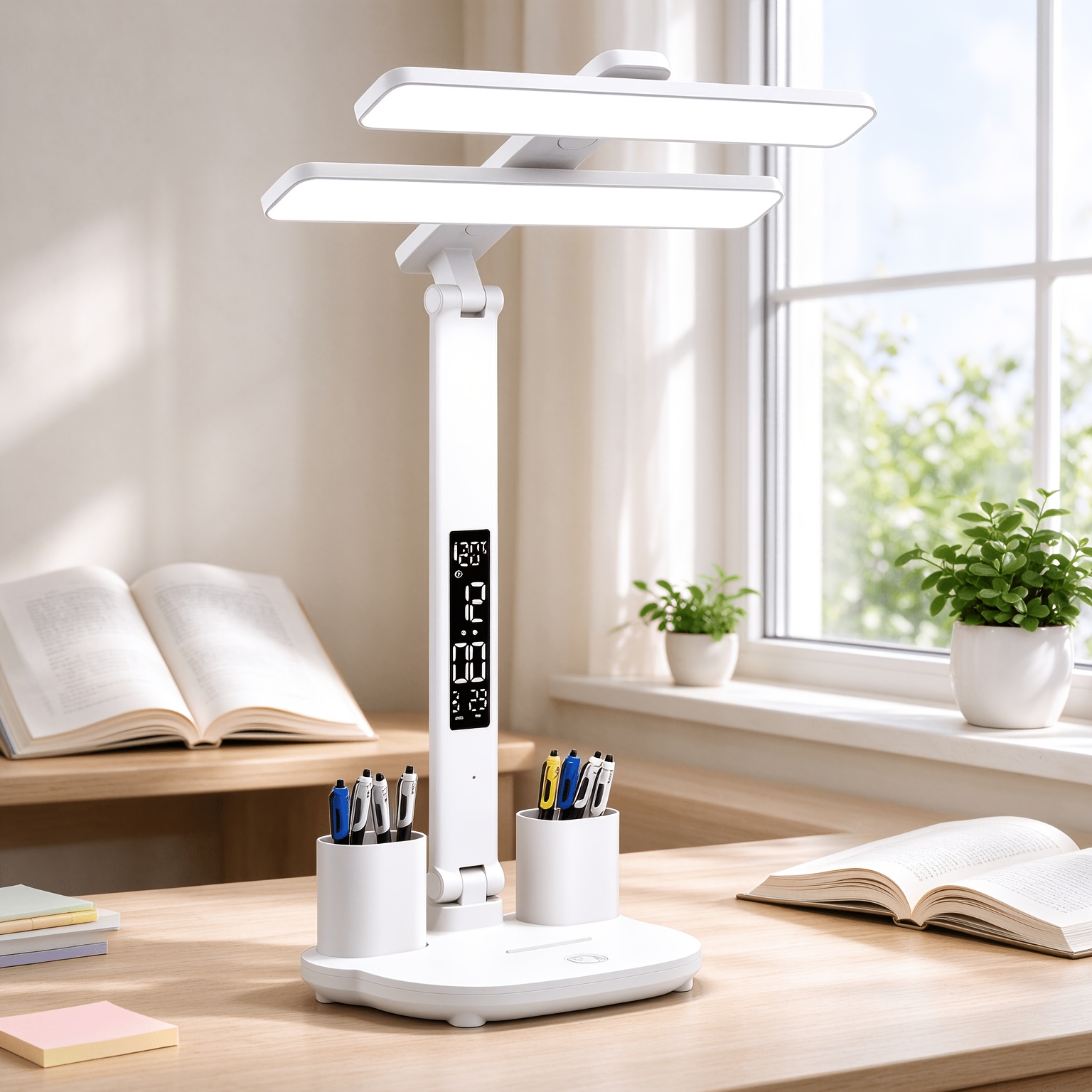TEMU Lampe de bureau LED à double tête horizontale, 2026, éclairage uniforme large, réglage de la température de couleur à 3 couleurs, , tactile,