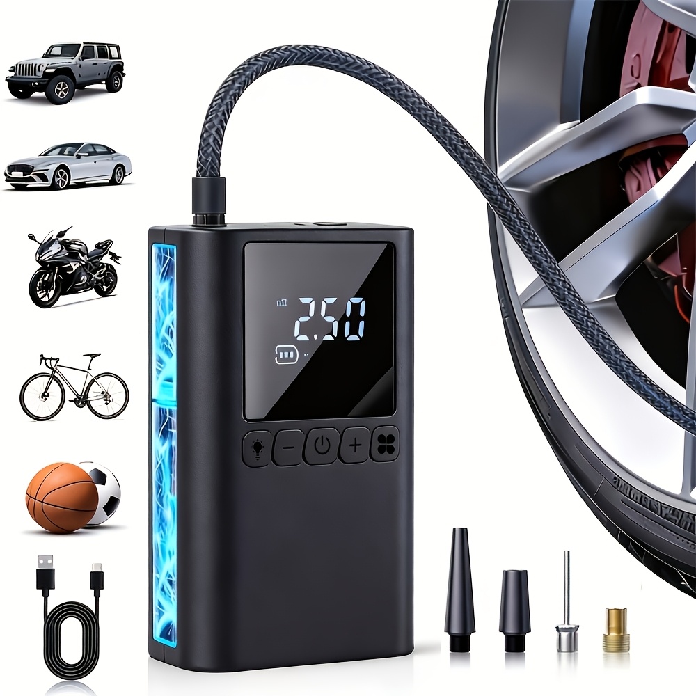 TEMU Portable Air Pump With Usb-c Rechargeable Battery & Fast Inflation Suitable For Car,, Motorcycle Tires - Compact Tire Inflator With Lighting,