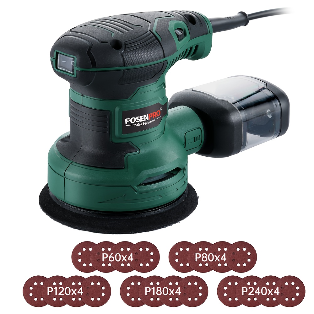 TEMU POSENPRO 300W Ponceuse Ovale Électrique 125Mm, 6 Vitesses Réglables avec Boîte à Poussière, de Poussière Efficace, Inclut 60/80/120/180/240 4pcs