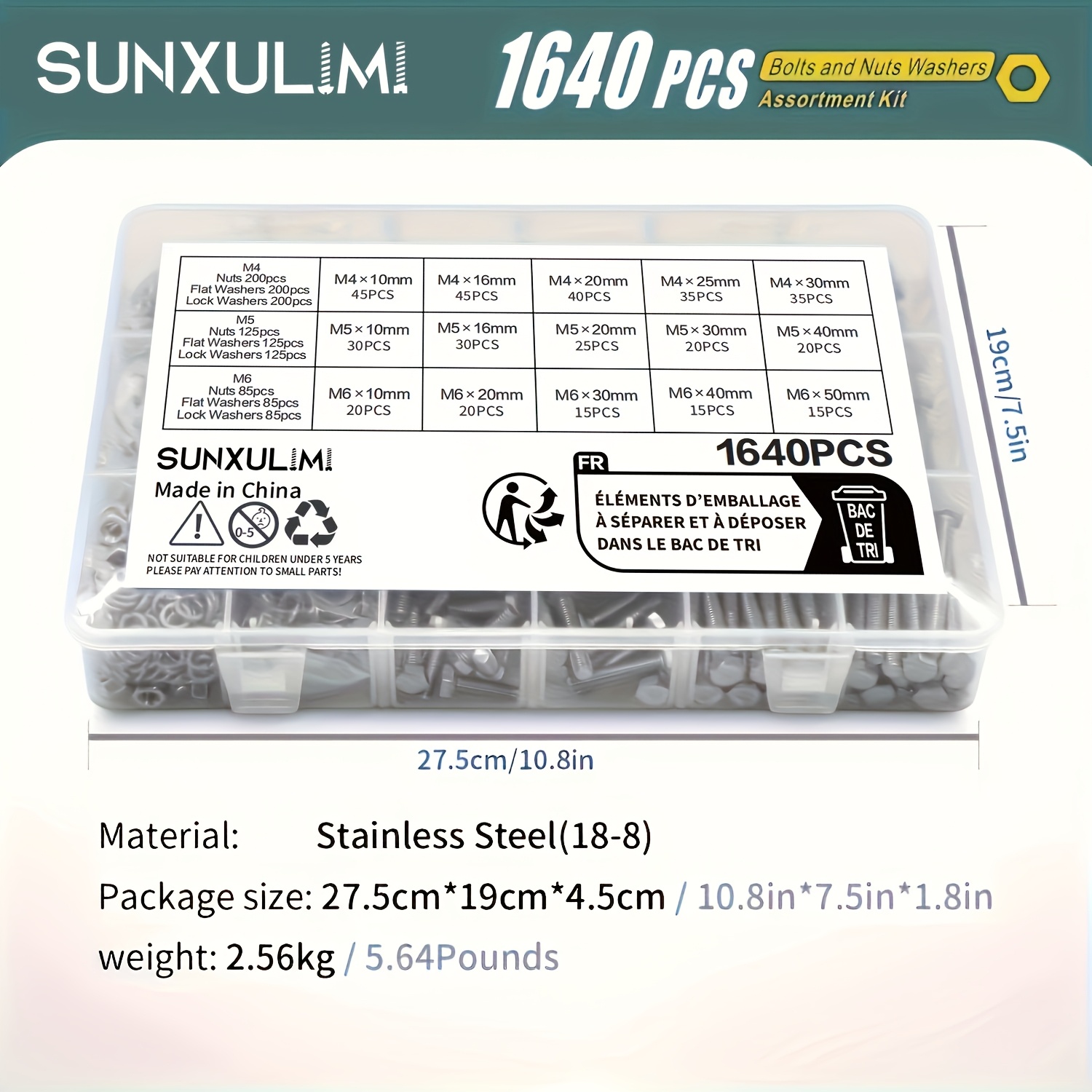 Image of 720pcs 1640pcs M4 M5 M6 Bolts And Nuts Assortment Kit Stainless Steel(18-8) Hex Screws Nuts & Washers, Includes 15 Regular Sizes