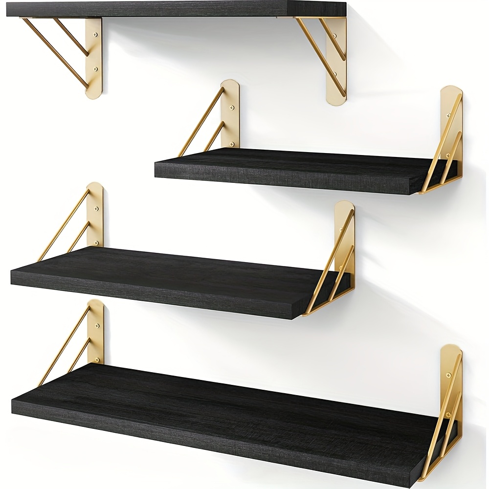 4pcs Floating Wall Shelf Set With Dual Steel Brackets | Options, , Wood Material, Suitable For Bedroom Decor, Living Room Storage, Rustic Bookshelf, And Bathroom Organizer, Floating Shelves