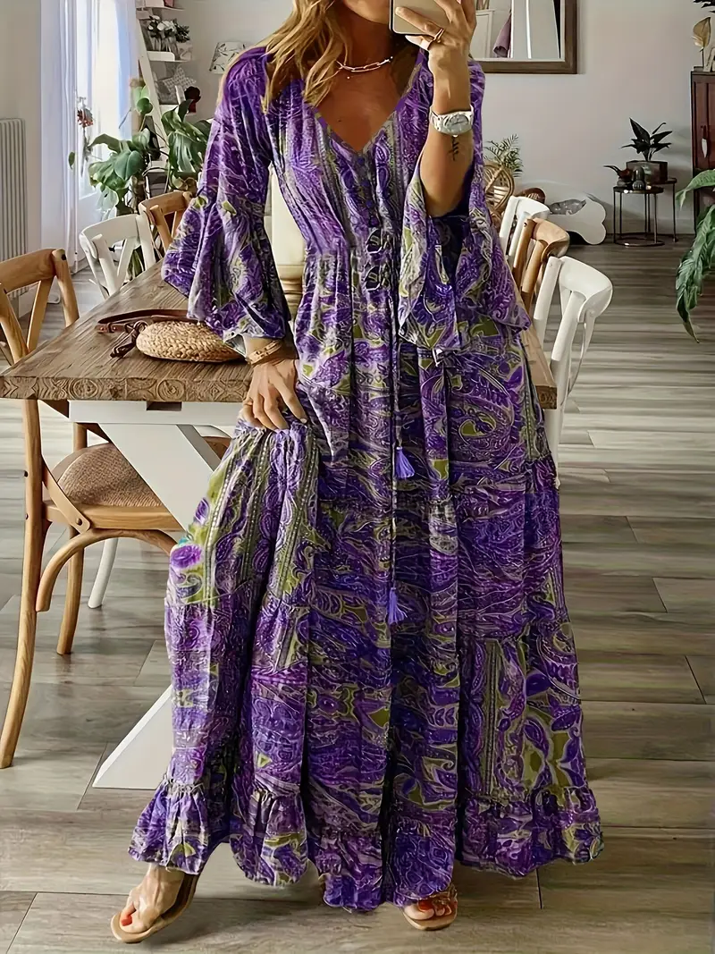 Women's Bohemian Floral Print V-Neck Flared Sleeve Maxi Dress - A-Line *-Calf Length Machine Washable Spring Summer Casual Vacation Dress, Cute Summer ... Women's Bohemian Floral Print V-Neck Flared Sleeve Maxi Dress - A-Line *-Calf Length Machine Washable Spring Summer Casual Vacation Dress, Cute Summer ...